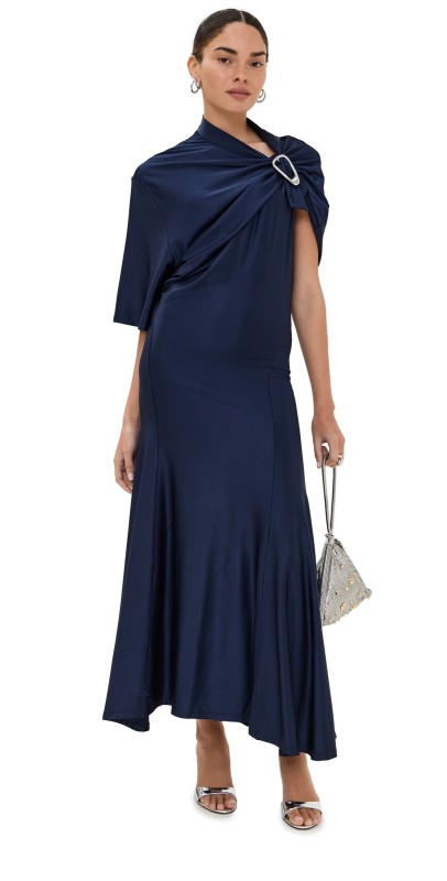 rabanne Navy Asymmetrical Long Dress In Jersey Deep Navy