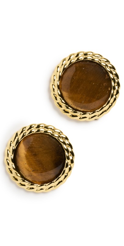Argento Vivo Round Tigers Eye Studs Gold