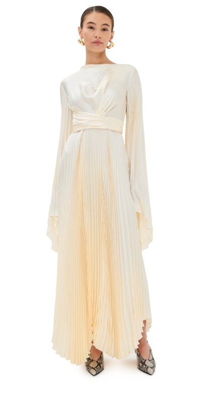 A. W.A. K.E. MODE Wrap Around Dress With Pleated Skirt & Sleeves Ivory