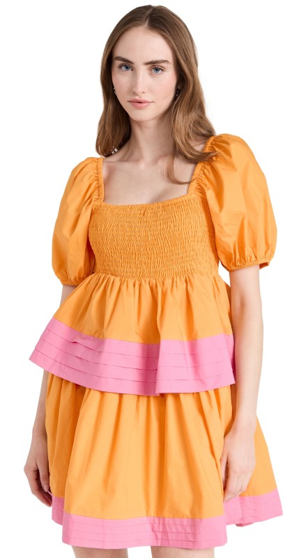 English Factory Colorblock Smocked Tiered Mini Dress Clementine/Pink