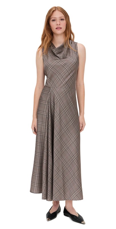 Vince Pressed Plaid Cowl Neck Dress Multi Plaid