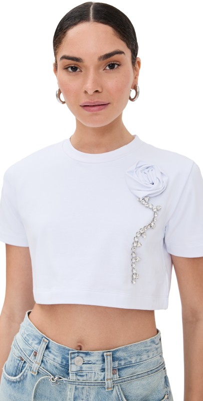 AREA Crystal Rosette Cropped Tee White