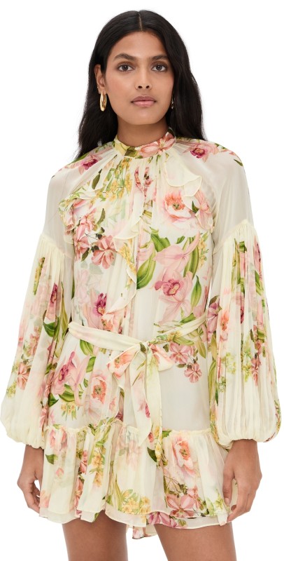 Hemant and Nandita Ruffle Mini Dress with Tie Up Belt Ivory Floral