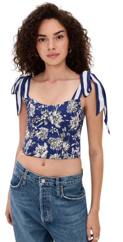 alice + olivia Blanca Scoop Neck Tie Shoulder Top Blooming Wild Indigo