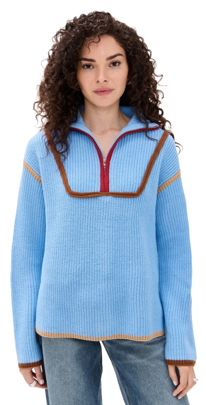 English Factory Contrast Piping Quarter Zip Sweater Ocean Blue Multi