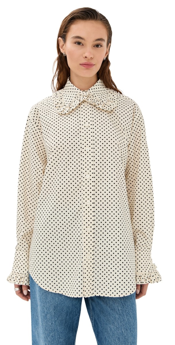 Tanner Fletcher Pippa Polka-Dot Ruffle Collar Button Down Shirt Ivory/Black Polka Dot