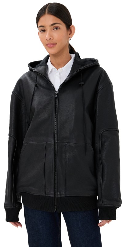 Tibi Pebbled Leather Zip Up Hoodie Jacket Black