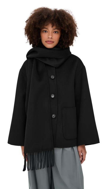 MEIMEIJ Lana Wool Peacoat with Attached Scarf Black