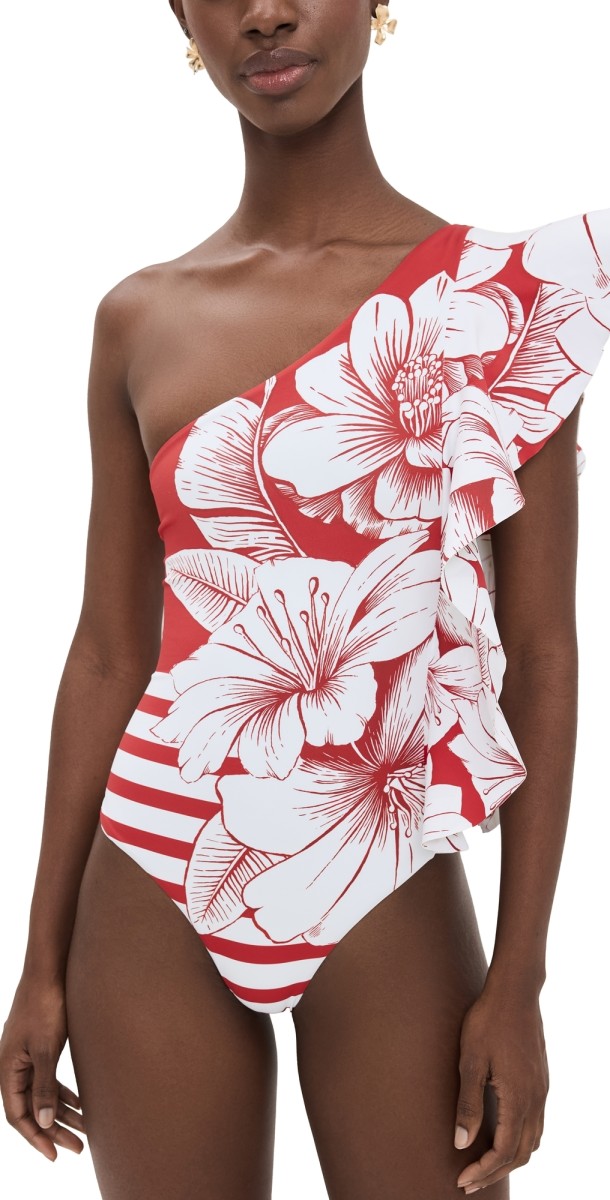 FARM Rio One Shoulder One Piece Floral Chain Stripes Multi
