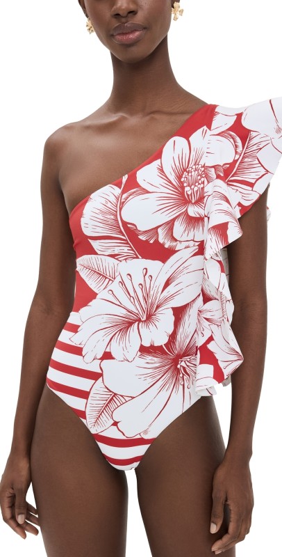 FARM Rio One Shoulder One Piece Floral Chain Stripes Multi