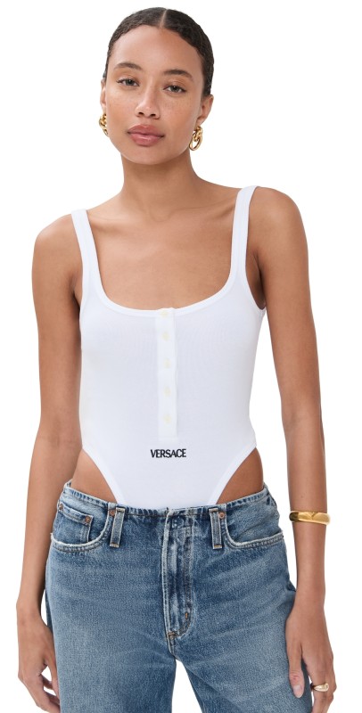 Versace Tex Queen Rib Tank Thong Bodysuit Optical White