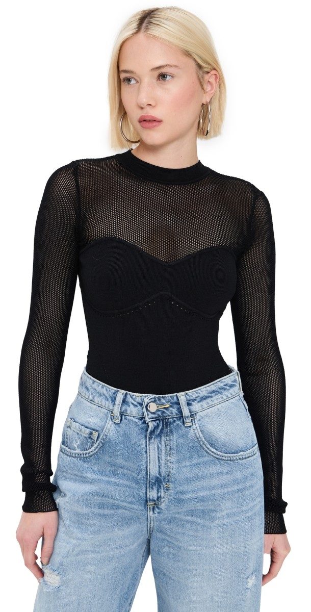 Fleur du Mal Knit Long Sleeve Cupped Thong Bodysuit Black