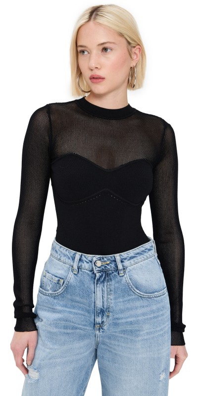 Fleur du Mal Knit Long Sleeve Cupped Thong Bodysuit Black