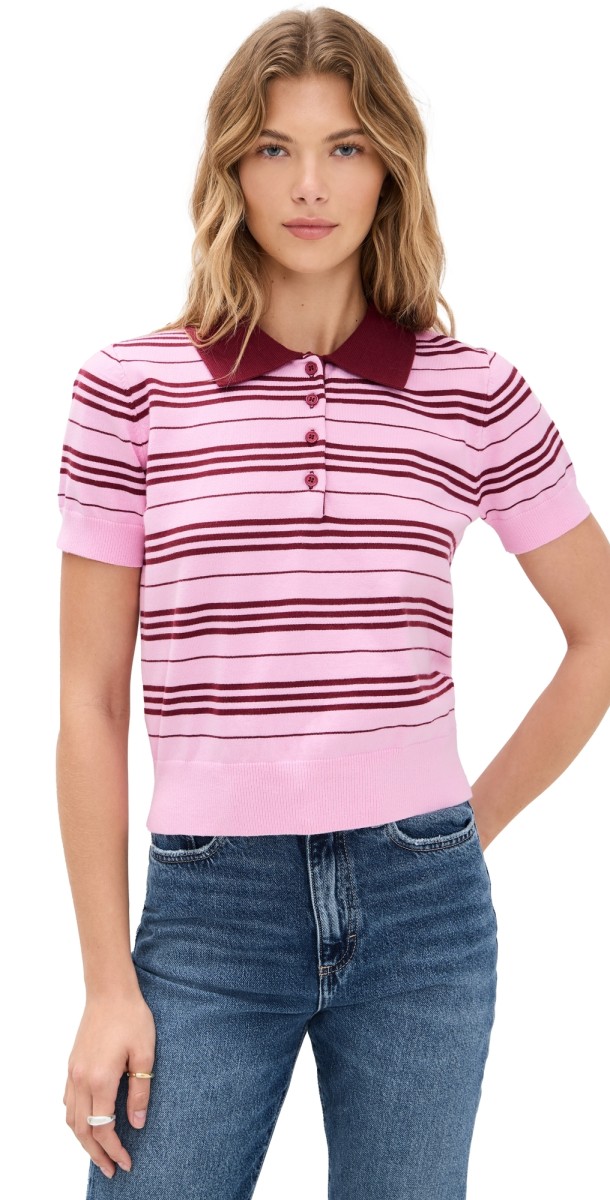 English Factory Striped Polo Knit Top Pink/Burgundy