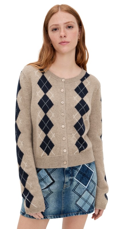 Reformation Clara Cashmere Crew Cardigan Oatmeal Navy Argyle