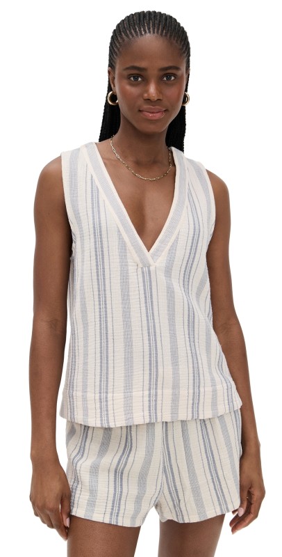 Faherty Dune Cotton Gauze Popover Top Aqua Sea Stripe
