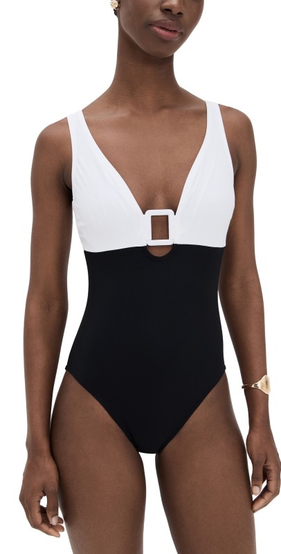 Karla Colletto Mira V Neck Silent Underwire Tank with High Back One Piece Black / White