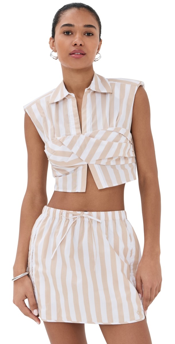 SIMKHAI Emie Cropped Box Sleeve Top Sand Stripe