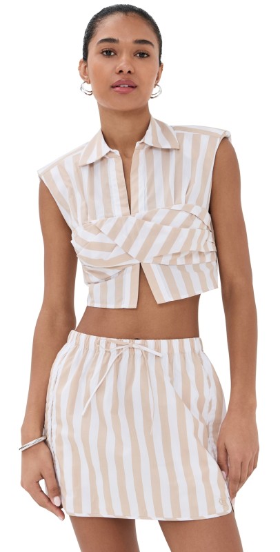 SIMKHAI Emie Cropped Box Sleeve Top Sand Stripe