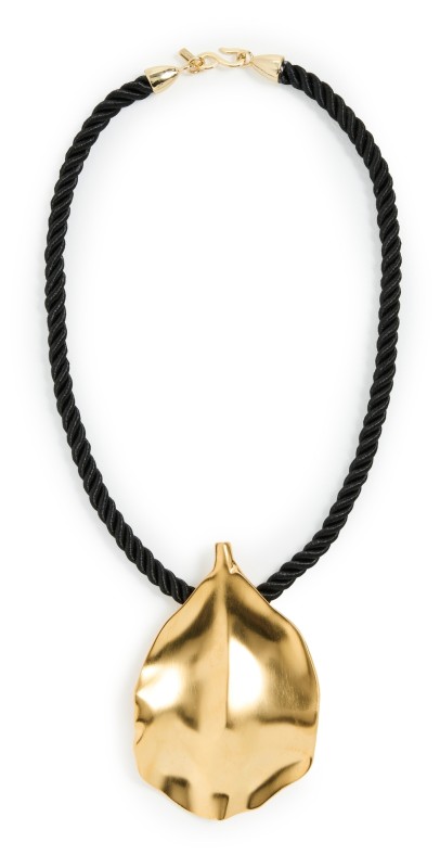 Kenneth Jay Lane Cord and Satin Gold Leaf Pendant Necklace Black/Satin Gold