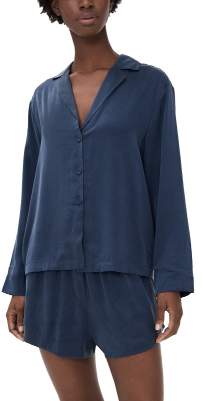 Lunya Long Sleeve Silk Button Up Shorts Set Deep Blue