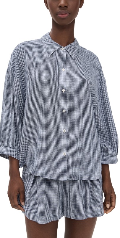 Eberjey Linen Blend Relaxed Sleeve Top Gingham White/Navy
