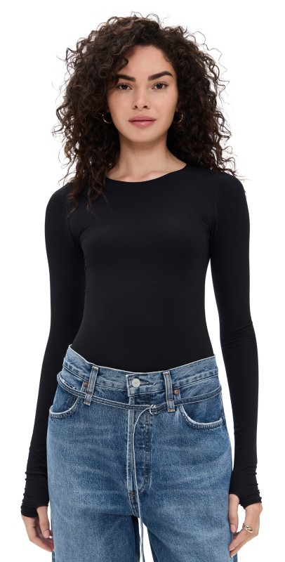 Commando Ballet Crewneck Thong Bodysuit with Thumbholes Black