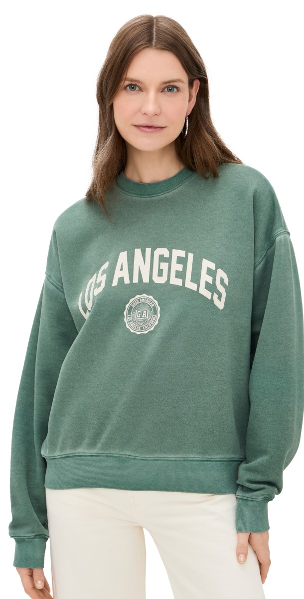Good American Brushed Fleece Graphic Crew Sweatshirt Los Angeles Washed Fatigue Green001