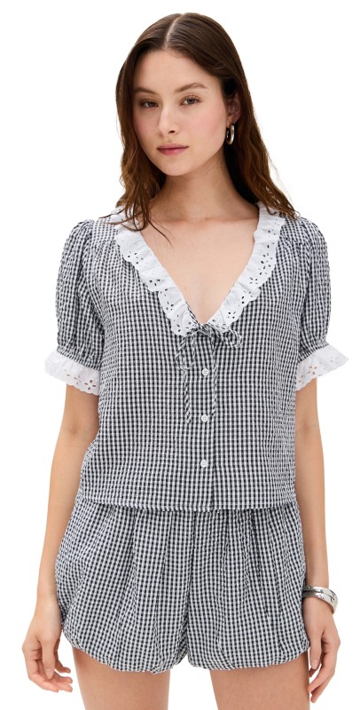 WAYF Maggie Short Sleeve Top Black Seersucker