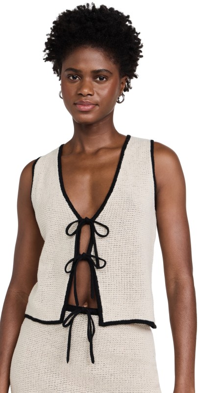 Onia Linen Knit Tie Front Tank Birch/Black
