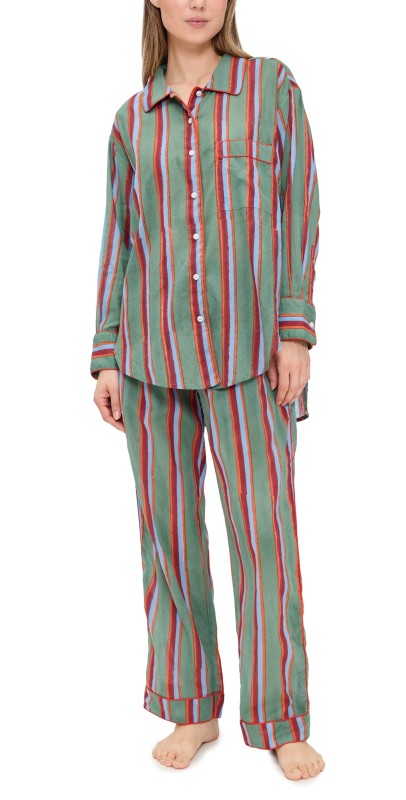 Folkloore Striped Long Pajama Set Olive Green Stripes w/ Orange
