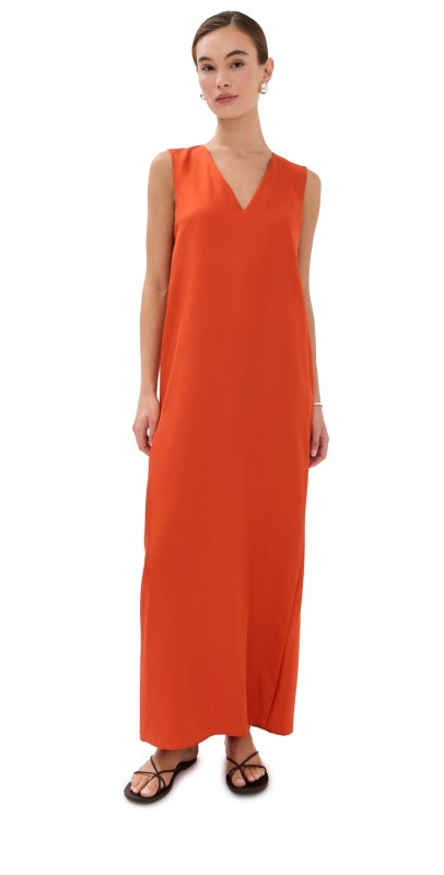 Róhe V Neck Silk Dress Burnt Orange