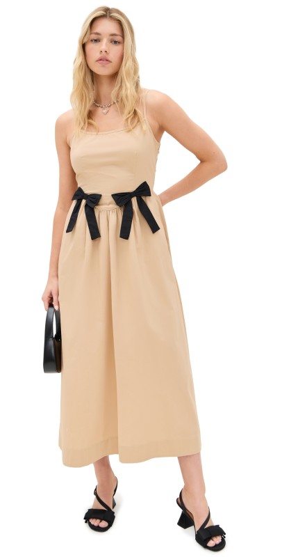 Moon River Sleeveless Square Neck Midi Dress with Contrast Ribbon Khaki