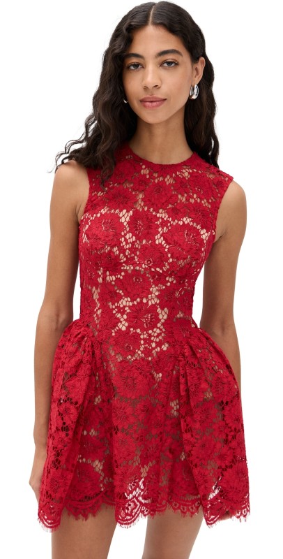 Self Portrait Red Fine Lace Pearl Mini Dress Red