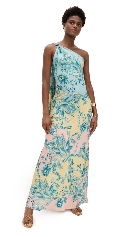 Hemant and Nandita One Shoulder Long Dress Blue Yellow Mix