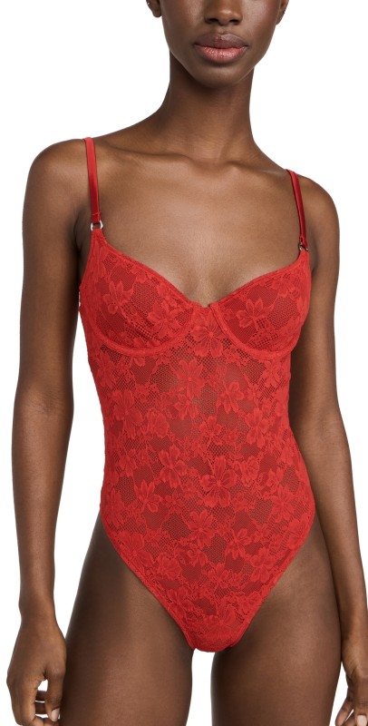 Fleur du Mal Le Stretch Lace Thong Bodysuit Rouge