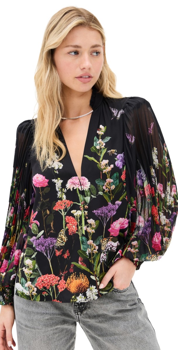 alice + olivia Ilan Pleated Blouson Sleeve Button Front Blouse Secret Garden