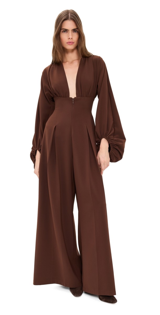 Andrea Iyamah Zerra Bubble Sleeve Jumpsuit Coffee