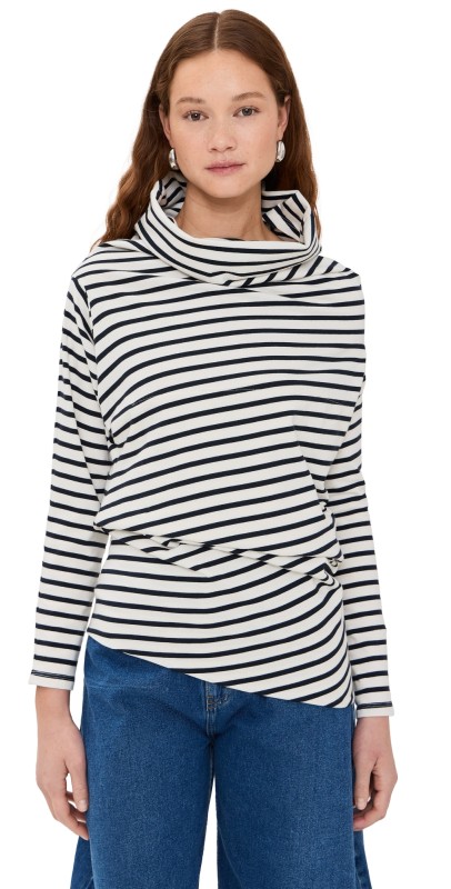 A. W.A. K.E. MODE Jersey Cowl Neck Draped Top Stripe
