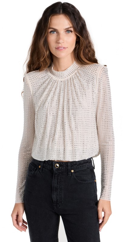 Self Portrait Cream Rhinestone Mesh Top Cream