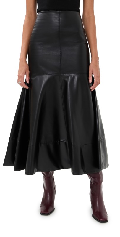 A. W.A. K.E. MODE Faux Leather Flared Hem Skirt Black