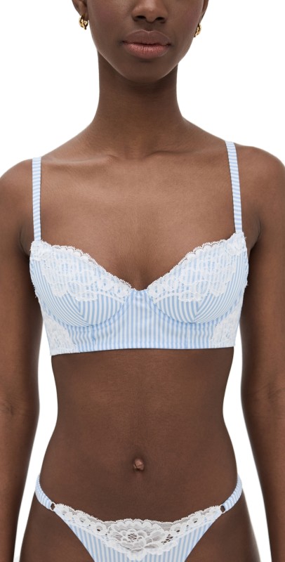 Fleur du Mal Poplin and Lace Demi Bra Stripe Sky