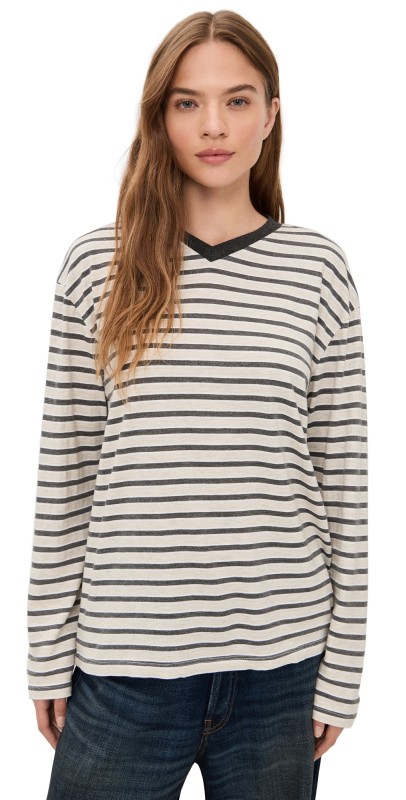 DONNI. The Jersey Stripe Boyfriend V-Neck Oatmeal