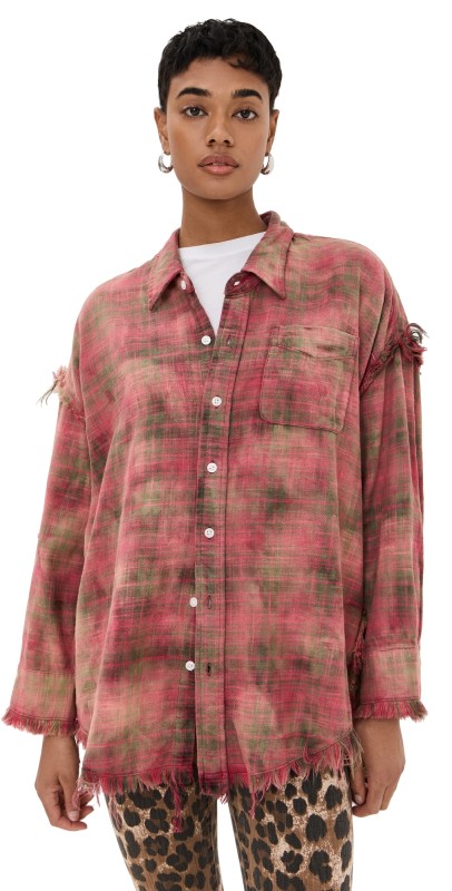 R13 Shredded Seam Drop Neck Shirt Bleached Out Red Plaid