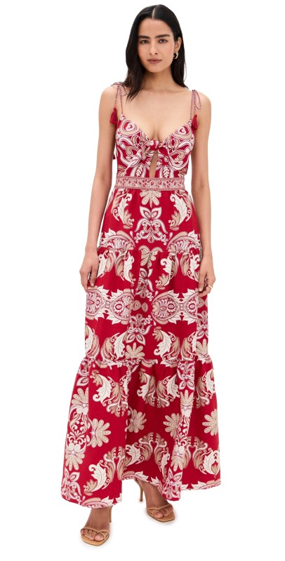 alice + olivia Minka Tie Front Maxi Dress with Tassels SERENADE DARK CHERRY