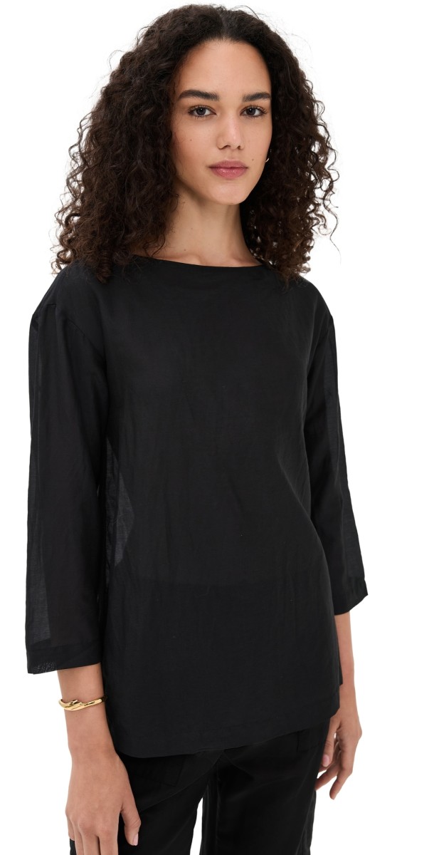DONNI. The Silk Cotton Sheer Boatneck Shirt Jet