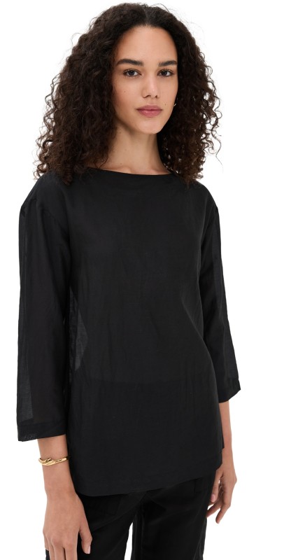 DONNI. The Silk Cotton Sheer Boatneck Shirt Jet
