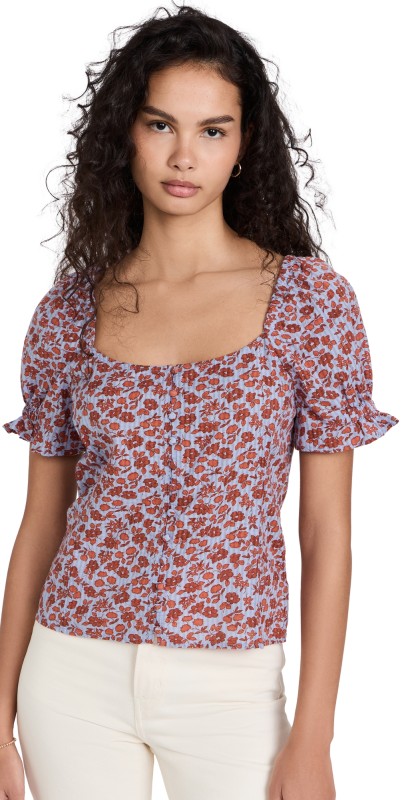 Madewell Button Front Smocked Back Top in Piccola Floral Pale Dawn