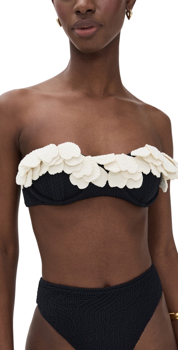 PatBO Breeze Jacquard Flower Applique Bikini Top Black