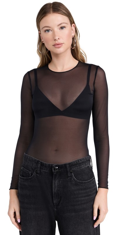 Commando Chic Mesh Crew Neck Long Sleeve Thong Bodysuit Black
